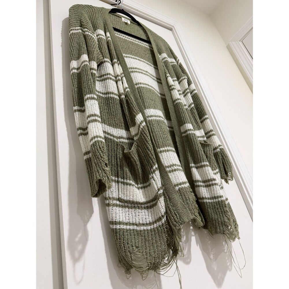 BKE Olive Green White Striped Distressed Open Longline Cardigan Sweater Size S